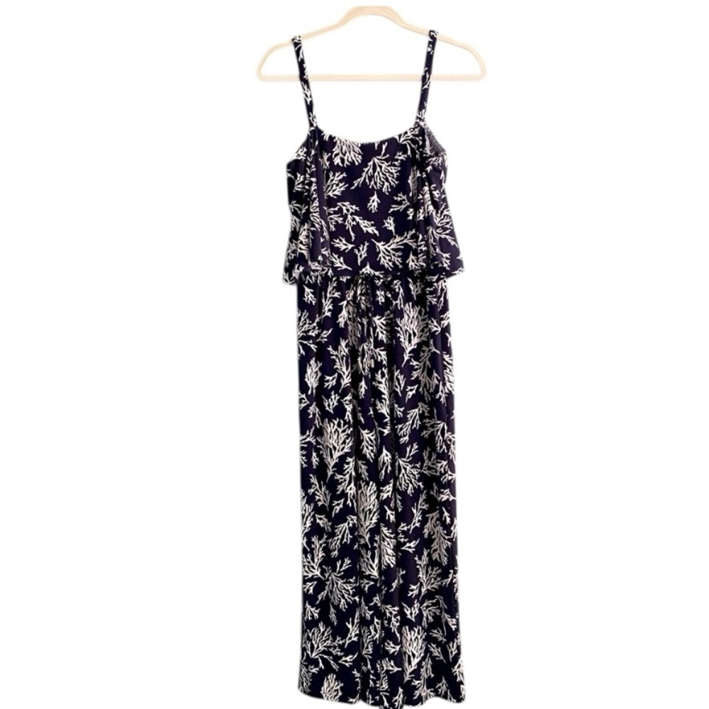 Michael Kors Navy Coral Pattern Ruffle Neck Spaghetti Strap Jumpsuit Sz M